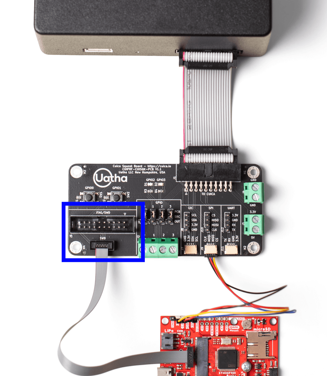 Squeak board with SWD/JTAG portion highlighted